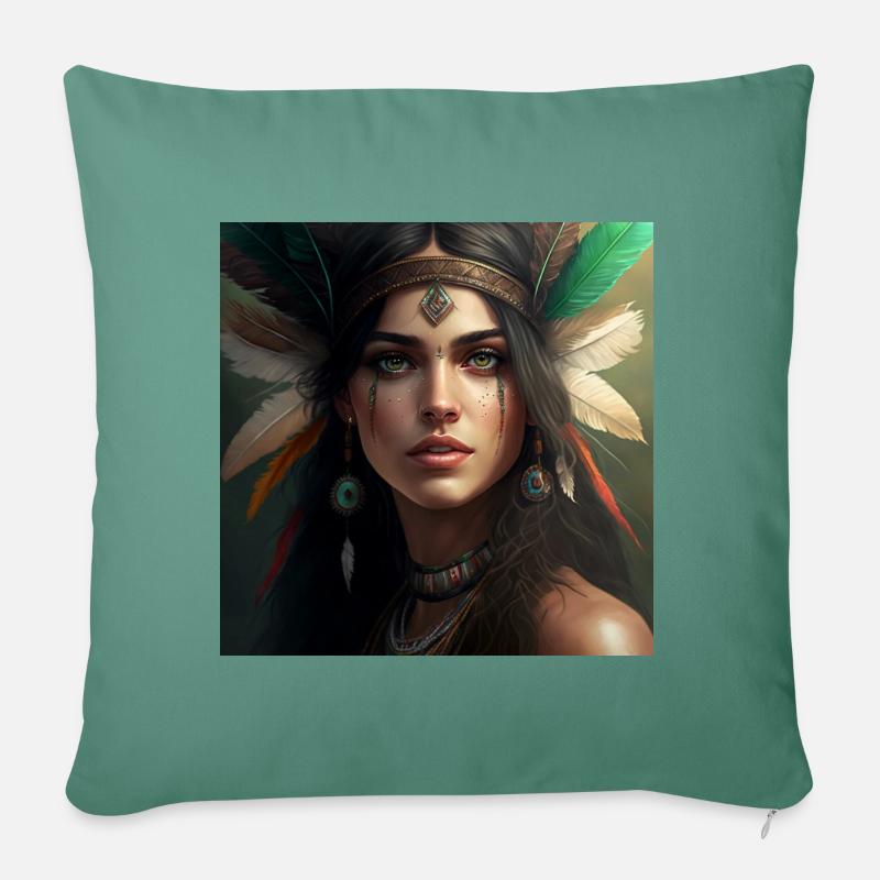 Wunderschöne Indianerin mit Federschmuck (Boho) - Sofakissen mit Füllung 45 x 45 cm - Tanngrün