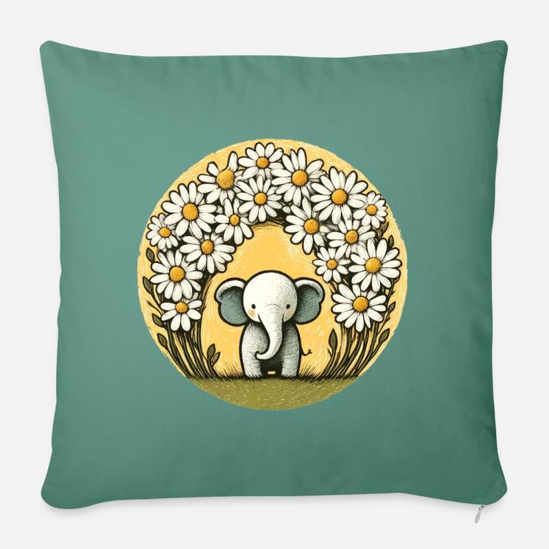 Elefant im Gänseblümchen-Ring - Sofakissen mit Füllung 45 x 45 cm - Tanngrün