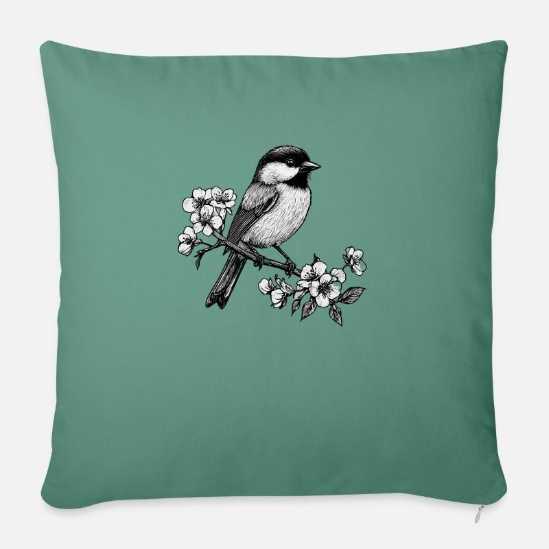 Chickadee Vogel im Baum Floral Illustration - Sofakissen mit Füllung 45 x 45 cm - Tanngrün