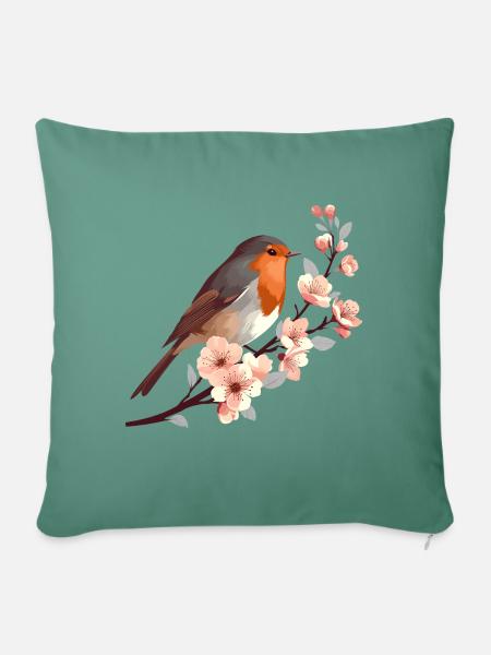 Rotkehlchen auf Kirschblüte - Sofakissen mit Füllung 45 x 45 cm - Tanngrün
