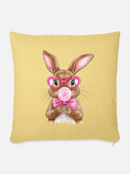 Pinker Osterhase mit Kaugummi, lustiges Ostershirt - Sofakissen mit Füllung 45 x 45 cm - Hellgelb