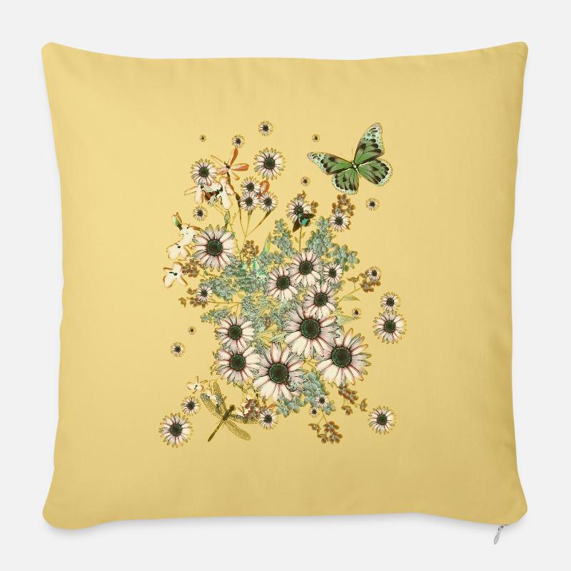 Fleurs sur fleurs - Fleurs Flora Papillon - Coussin et housse de 45 x 45 cm - jaune délavé