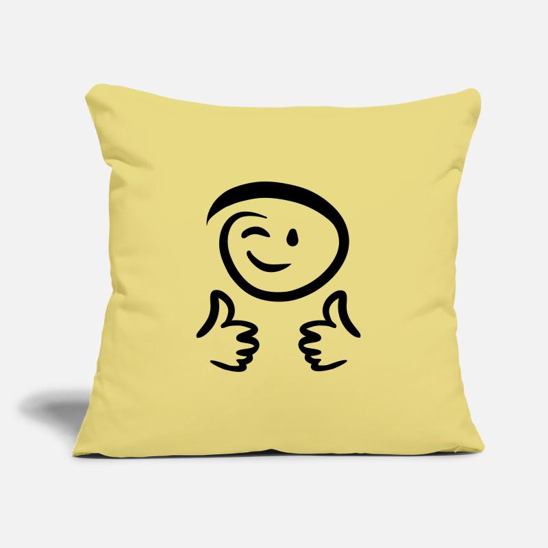 Face winks, shows two thumbs up. Emoticon. Sofa pillow with filling 45cm x 45cm