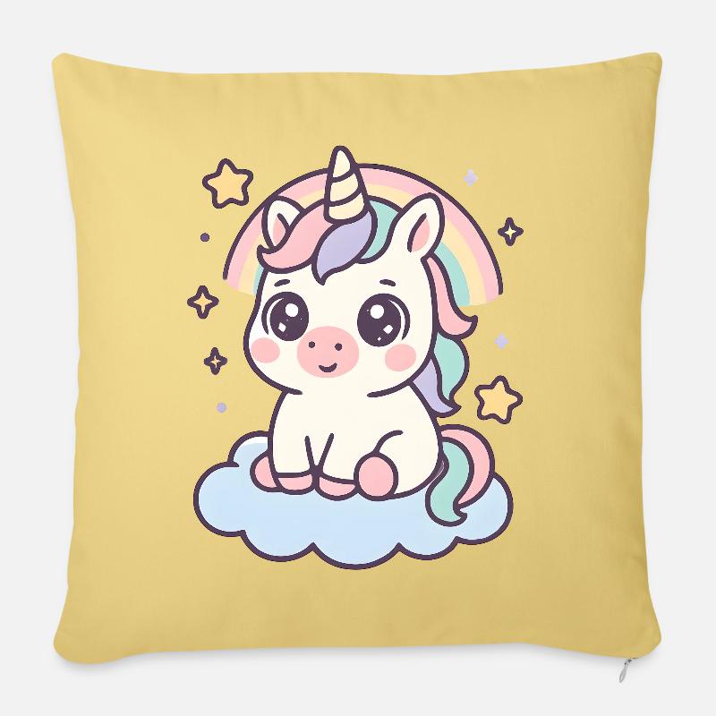 Kawaii Einhorn auf Wolke mit Regenbogen Sterne - Sofakissen mit Füllung 45 x 45 cm - Hellgelb