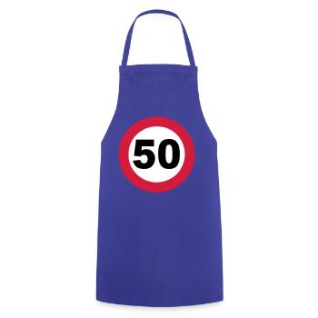 50.Geburtstag , 50 Jahre , Verkehrsschild 50 (25) - Kochschürze - Royalblau - Vorne - AI Model Male 185 dark (185cm)