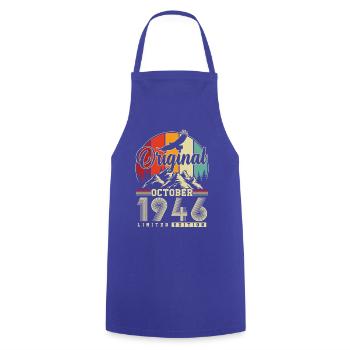 Original October 1946 – 80th Birthday Vintage - Cooking Apron - royal blue - Front - AI Model Male 185 dark (185cm)