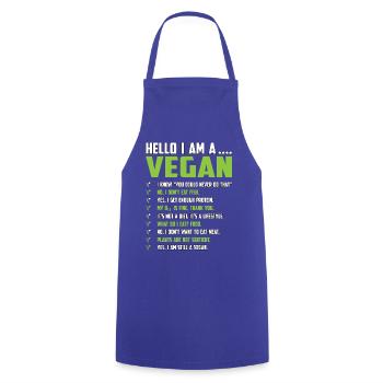 Hello I am a Vegan - Cooking Apron - royal blue - Front - AI Model Male 185 dark (185cm)