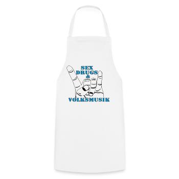 Volksmusik , Volksfest , Fun Shirt , Sex Drugs(25) - Kochschürze - Weiß - Vorne - AI Model Male 185 dark (185cm)