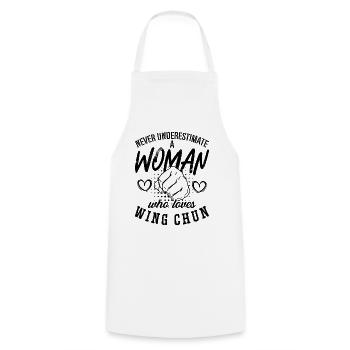 Ne sous-estimez jamais une femme combattante wing chun - Tablier de cuisine - blanc - Devant - AI Model Male 185 dark (185cm)