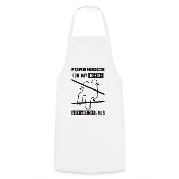 Criminalistique Notre journée commence Criminalistique Criminalistique - Tablier de cuisine - blanc - Devant - AI Model Male 185 dark (185cm)