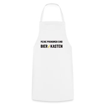 Meine Pronomen sind Bier/Kasten - Bier trinker - Kochschürze - Weiß - Vorne - AI Model Male 185 dark (185cm)