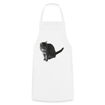 Katze sitzend, schwarz-weiß, tabby Motive - Kochschürze - Weiß - Vorne - AI Model Male 185 dark (185cm)