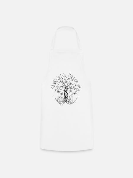 Zeichnung Baum des Lebens, Kaninchen, Schmetterlinge - Kochschürze - Weiß