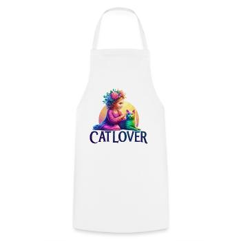 Whimsical Girl and Rainbow Cat Illustration - Cooking Apron - white - Front - AI Model Male 185 dark (185cm)