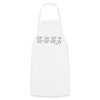 Coordinates: Liverpool, England - Cooking Apron - white - Front - AI Model Male 185 dark (185cm)