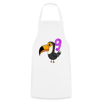 Motif 9ème Anniversaire Toucan Oiseau - 9 ans - Tablier de cuisine - blanc - Devant - AI Model Male 185 dark (185cm)