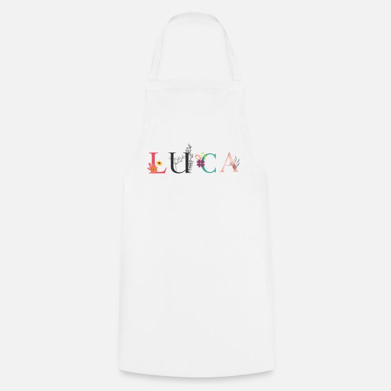 Art du nom LUCA avec des fleurs brodées - Tablier de cuisine - blanc