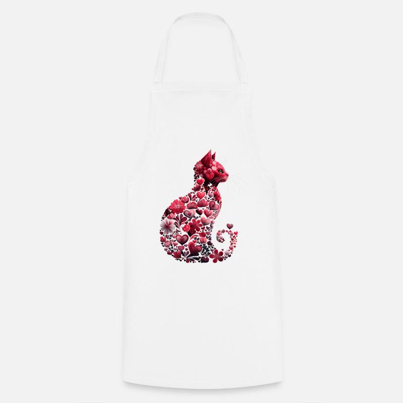 Chat romantique coeurs et fleurs Chat Saint-Valentin - Tablier de cuisine - blanc