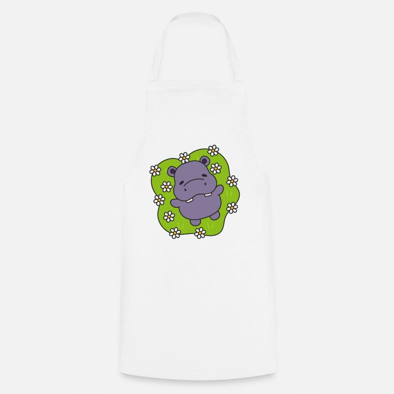 Hippo violet sur gazon fleuri - Tablier de cuisine - blanc