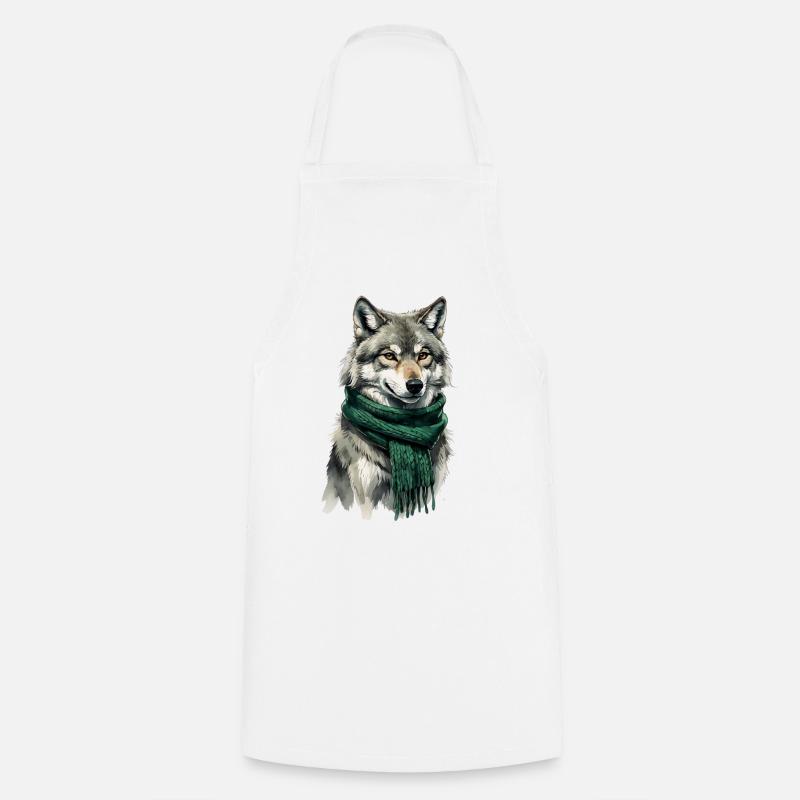 Figurine de loup avec écharpe verte - Tablier de cuisine - blanc