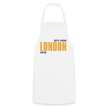 London in goldener Schrift mit blauen Akzenten - Kochschürze - Weiß - Vorne - AI Model Male 185 dark (185cm)