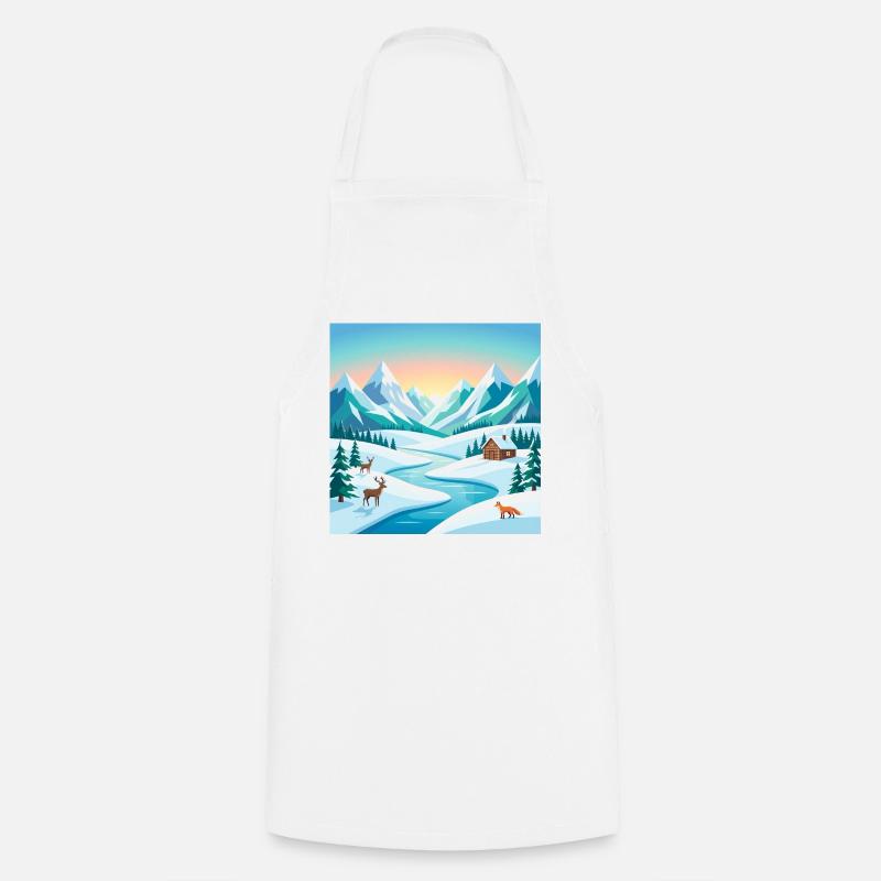 Alpine winter scenery with deer & hut - Cooking Apron - white
