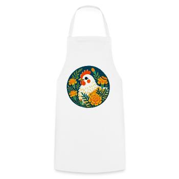 Une poule ensoleillée parmi des fleurs audacieuses - Tablier de cuisine - blanc - Devant - AI Model Male 185 dark (185cm)