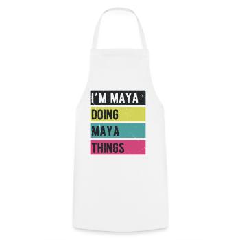 Ich bin Maya und mache Maya-Dinge Retro-Farben - Kochschürze - Weiß - Vorne - AI Model Male 185 dark (185cm)