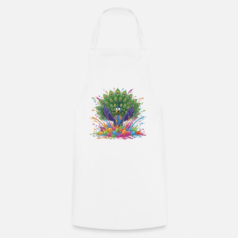 Peacock with Paint Slingshot Panorama - Cooking Apron - white