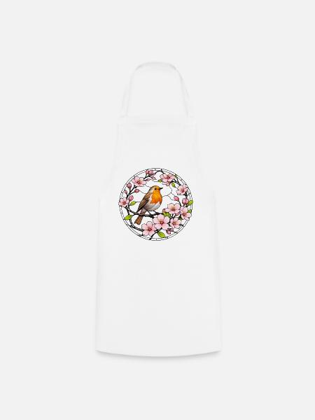 Rotkehlchen mit Kirschblüten Glasfensterstil - Kochschürze - Weiß