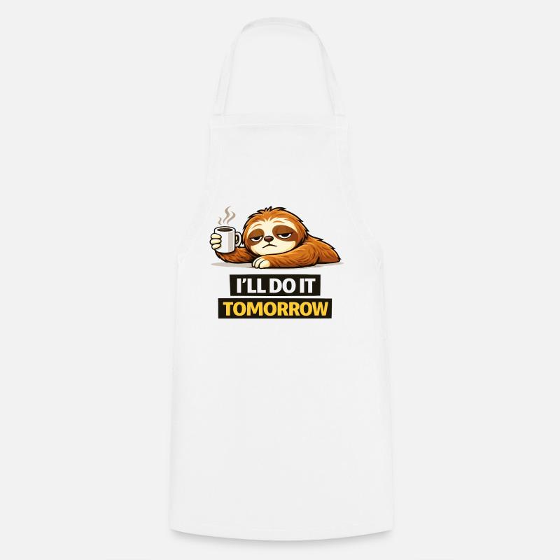 Procrastination Sloth with Coffee - Cooking Apron - white