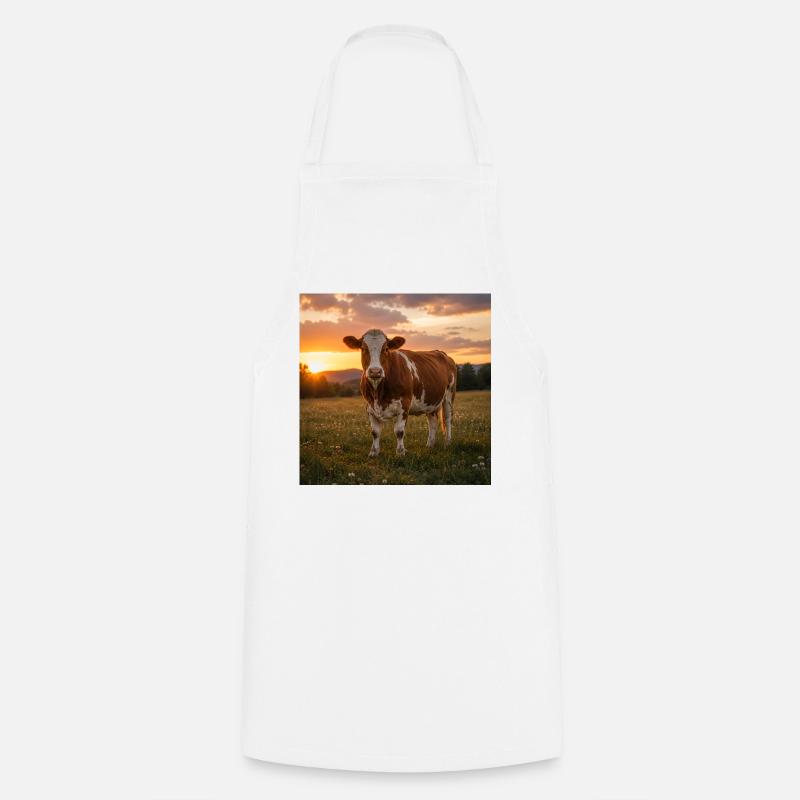 Coucher de soleil et vache dans la prairie - Tablier de cuisine - blanc