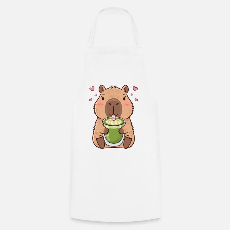 Mignon capybara Kawaii buvant un latte au thé matcha - Tablier de cuisine - blanc