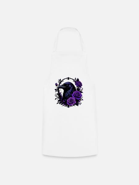 Nachtkrähe mit violetten Rosen - Kochschürze - Weiß