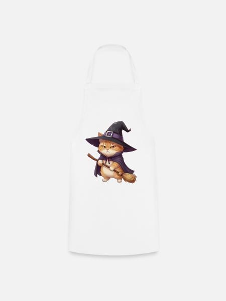 Katze als Hexe an Halloween - Kochschürze - Weiß