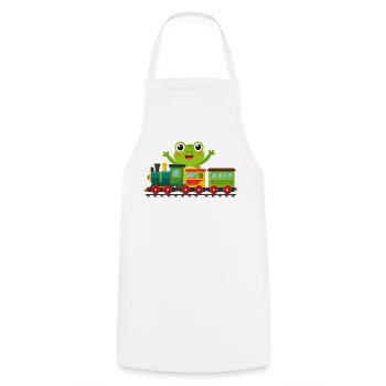 Green cartoon frog cheering with toy train - Cooking Apron - white - Front - AI Model Male 185 dark (185cm)