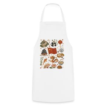 China | Wall, Panda & Tea Culture - Cooking Apron - white - Front - AI Model Male 185 dark (185cm)