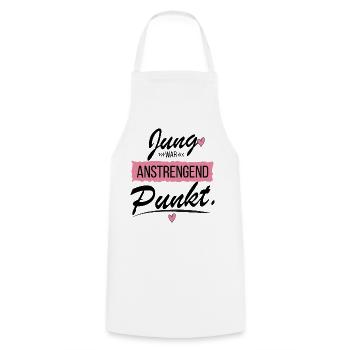 Jung war anstrengend - Lustiger Spruch - Kochschürze - Weiß - Vorne - AI Model Male 185 dark (185cm)