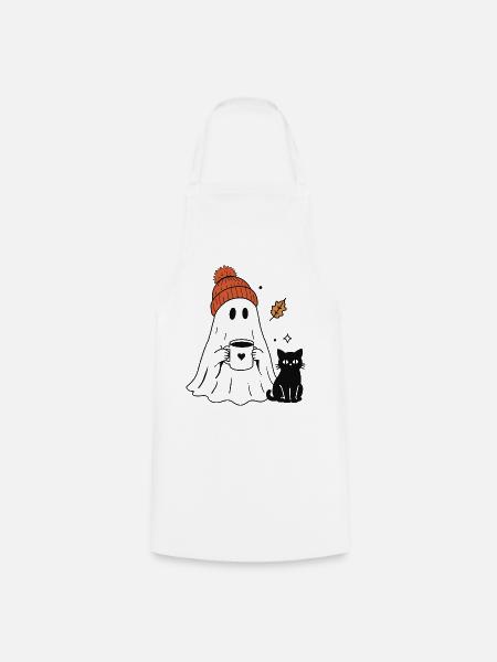 Süßer Geist mit Mütze & Katze – Cozy Halloween - Kochschürze - Weiß