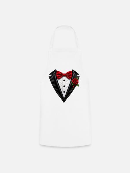 Schwarzes Smoking-T-Shirt mit roter Fliege und Rosen - Kochschürze - Weiß
