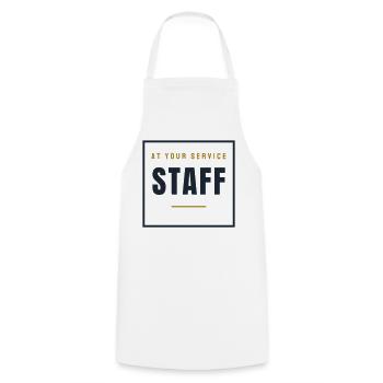 Staff Stempel Retro - Personal Service Look - Kochschürze - Weiß - Vorne - AI Model Male 185 dark (185cm)