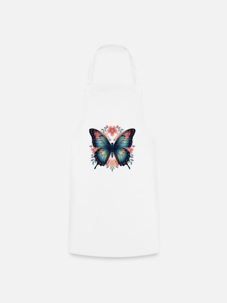 Blauer Schmetterling und Blumenblüten - Kochschürze - Weiß