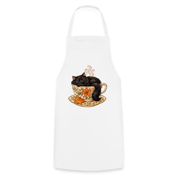 Schwarze Katze in einer floralen Teetasse – Herbstillustration - Kochschürze - Weiß - Vorne - AI Model Male 185 dark (185cm)