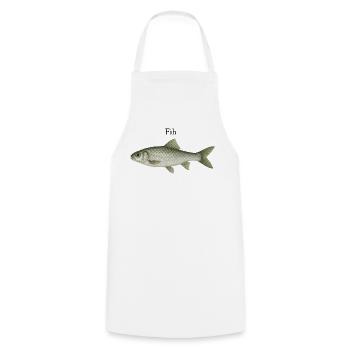 Fih – minimalistischer Fisch - Kochschürze - Weiß - Vorne - AI Model Male 185 dark (185cm)