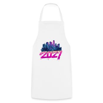 Cyberpunk Skyline 2027 Neon Graffiti - Kochschürze - Weiß - Vorne - AI Model Male 185 dark (185cm)