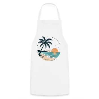 Tropical Sunset – Palme, Strand & Meer Urlaubsdesi - Kochschürze - Weiß - Vorne - AI Model Male 185 dark (185cm)