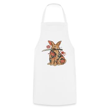 Katzen-Samurai mit Blüten-Tattoo - Kochschürze - Weiß - Vorne - AI Model Male 185 dark (185cm)