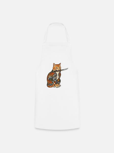 Tattoo Katze mit Messer - Kochschürze - Weiß