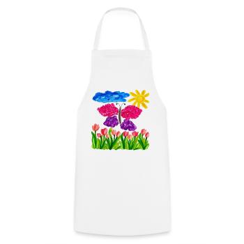 Farbenfroher Schmetterlingsgarten – Sonnenschein & Tulpen - Kochschürze - Weiß - Vorne - AI Model Male 185 dark (185cm)