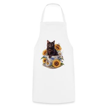 Schwarzer Kater in Teetasse mit Sonnenblumen - Kochschürze - Weiß - Vorne - AI Model Male 185 dark (185cm)